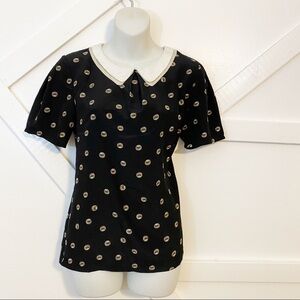 See U Soon Printed Short Sleeve Collared Zip Back Top Black Sz Small